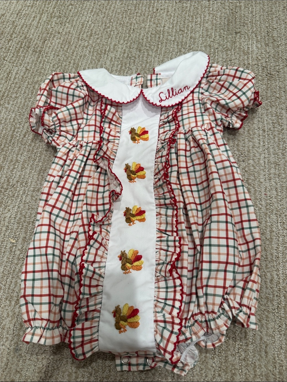 THANKSGIVING  Plaid Baby Romper with Name “Lillian”- Red, Green, Cream